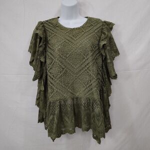 NEW Ultra Pink Crochet Top Size M Olive Green Flutter Sleeve Woodland‎ Fairy